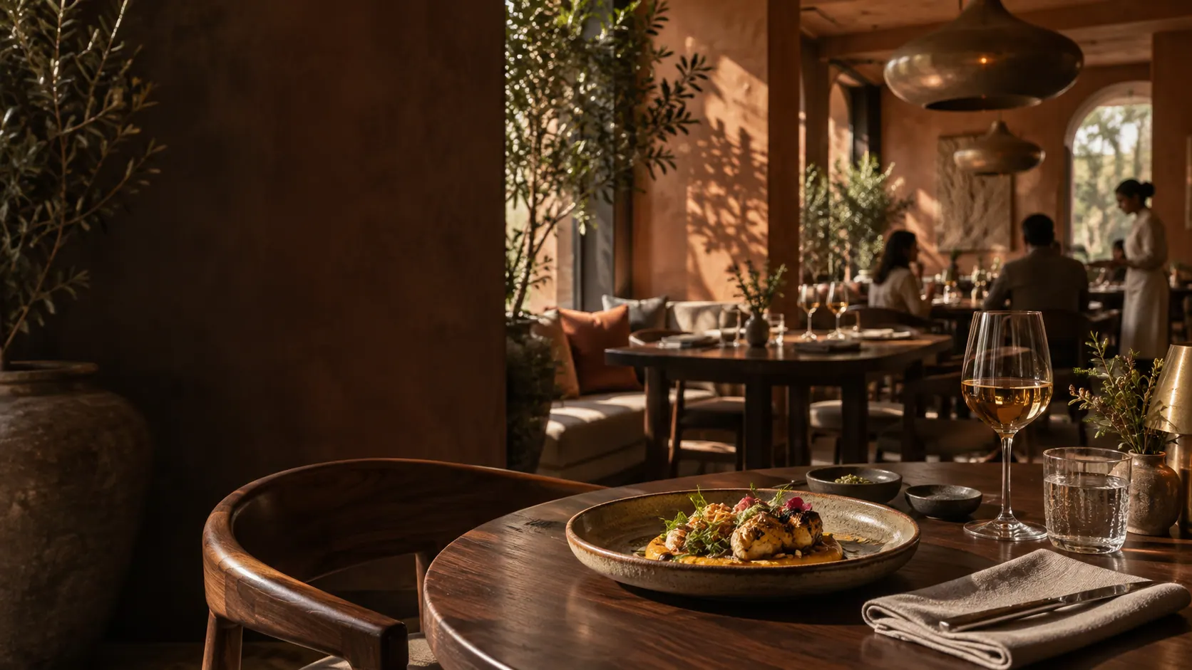 Warm dining room and seasonal dish in the Ember & Grain concept